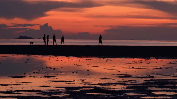 People Walking By the Beach at Sunset