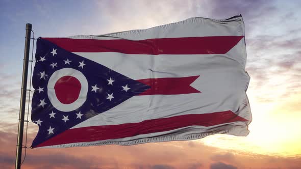 Flag of Ohio Waving in the Wind Against Deep Beautiful Sky at Sunset