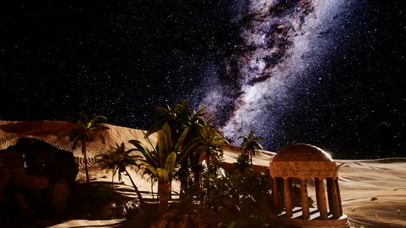 Ancient Roman Time Town in Desert and Milky Way Stars