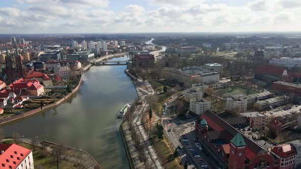 Wroclaw Panorama with Car Bridge Over Odra River Aerial View