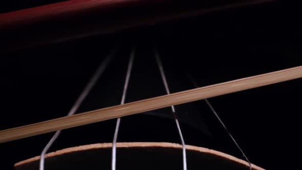 Close-up of the Movement of the Bow on the Strings of a Violin
