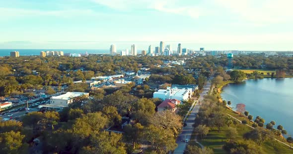 4K Aerial Video of Downtown St Petersburg from 4th Street and 22nd Avenue North