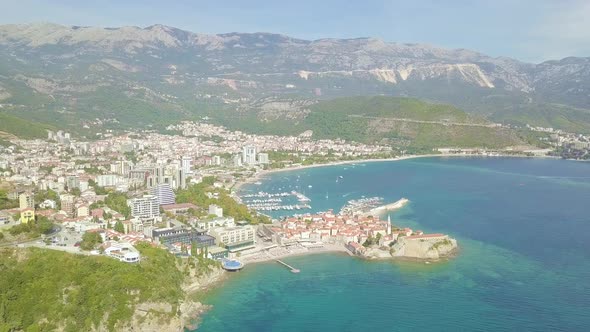 Flying above old town of Budva Montenegro 