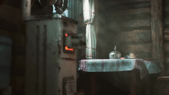 Dark Interior of Retro Log House alt