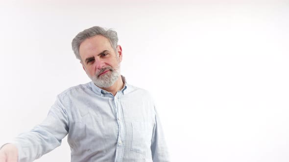 Senior European Bearded Man Waves European Union Flag Studio Shot Copy Space Medium Shot Isolated