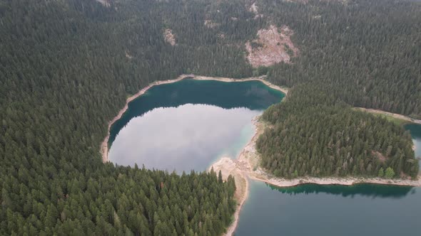 Aerial view of the Black Lake or Crno jezero , Montenegro, Zabljak, Europe