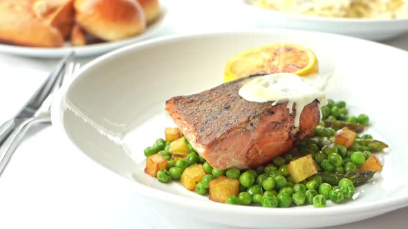 Grilled salmon meat steak with vegetable