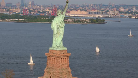 Aerial of a Symbol of West Values Statue of Liberty New York