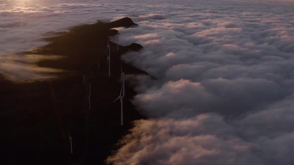 Aerial view of a wind turbine park on Madeira Island, Portugal.