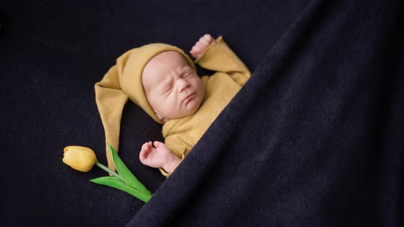 Serenity a Newborn Baby in Yellow Pajamas Sleeping Peacefully Next to a Tulip Flower on a Dark