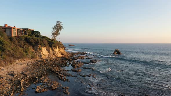 Flying over the beautiful Laguna Beach tide pools at Sunset in California.