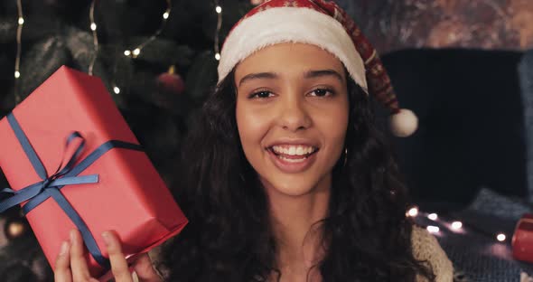 Charming Happy Woman in Santas Hat Having Video Call, Showing Present Boxes To Camera, Smiling While