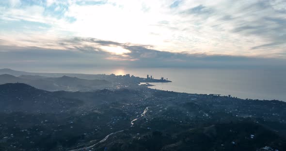 Aerial view of Batumi city at sunset. Georgia 2022 winter