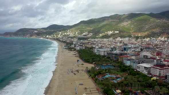 Beach in Winter Alanya Turkey Aerial View 4 K