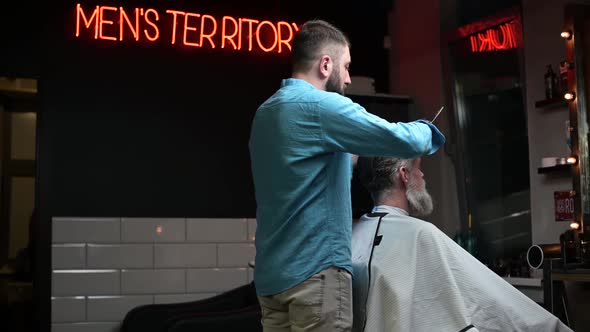 The process of cutting a client's gray hair in a barbershop. Men's territory