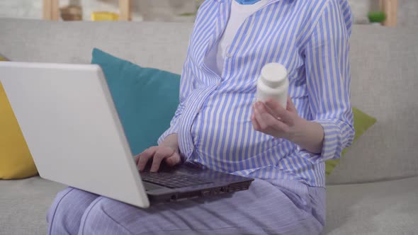 Unrecognizable Young Pregnant Woman Searches the Internet for Information About the Drug