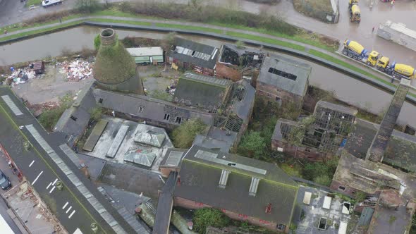 Aerial view of Kensington Pottery Works an old abandoned, derelict pottery factory and bottle kiln l