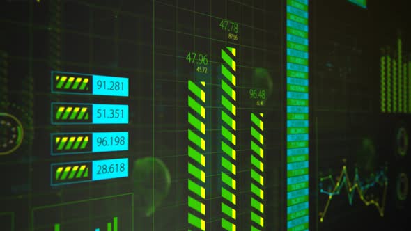 Advanced futuristic graphic interface. Displays abstract diagrams and charts.