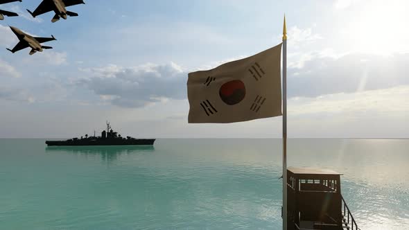Waving Korean Flag Warship and Passing Warplanes