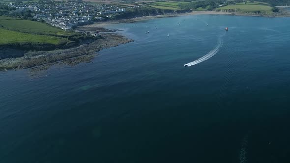 View of the coastline at Portscatho, Cornwall, UK on a beautiful summer morning, aerial shot
