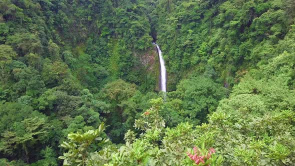 Aerial fly over of Costa Rica jungle toward popular tourist attraction La Fortuna Waterfall