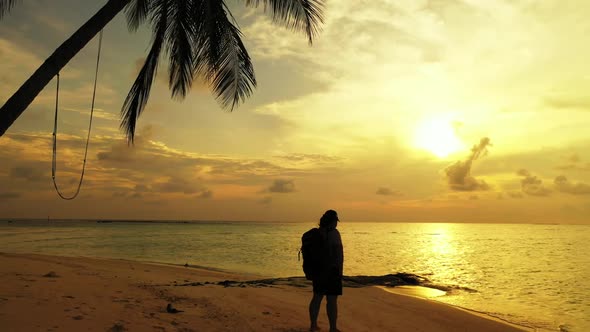 One woman happy and smiling on tropical sea view beach journey by transparent lagoon and white sand 