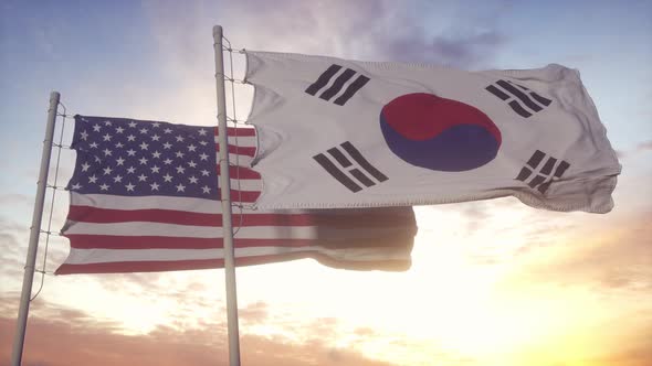 South Korea and United States Flag on Flagpole