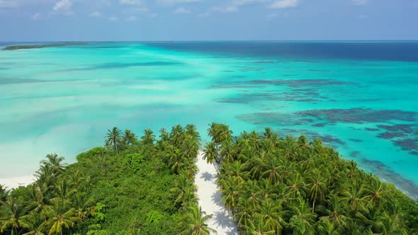 Aerial view seascape of idyllic shore beach wildlife by clear lagoon with white sandy background of 