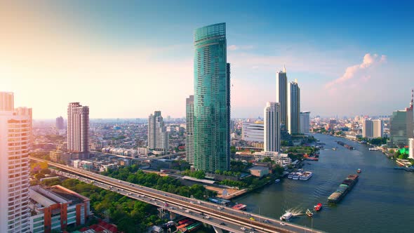 Aerial view over Bangkok city and Chao phraya river