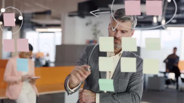 Close Up of Senior Male Office Worker Using Glass Board and Proposing His Problem Solving While