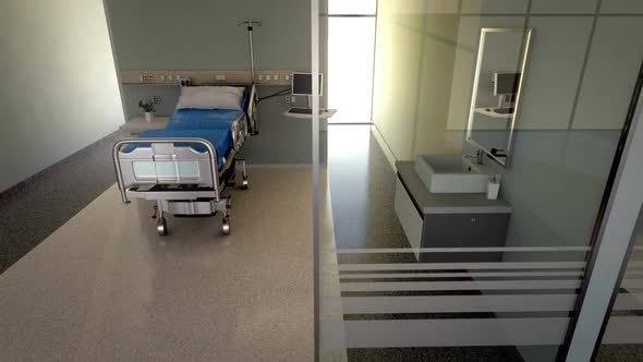 A walk through the hospital hallway with a view of hospital rooms. Loopable. HD