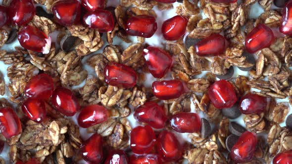 Granola with oatmeal, dried fruit, honey, chocolate, nuts and pomegranate rotate