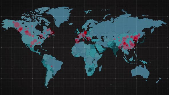 Animation of the world map and countries turning red through circles in a dark background