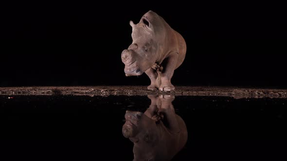 Dehorned White Rhino reflects in dark water pond blackness of night