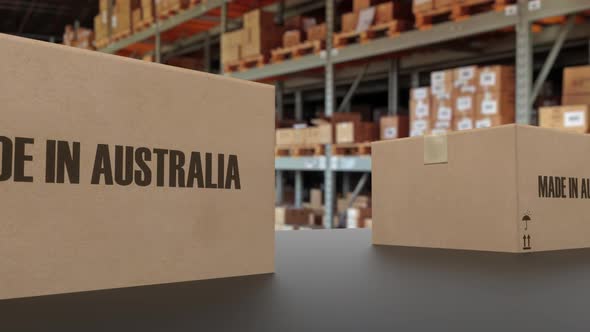 Boxes with MADE IN AUSTRALIA Text on Conveyor