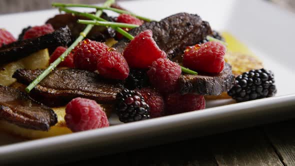 Rotating - smoked duck bacon with grilled pineapple, raspberries, blackberries and honey