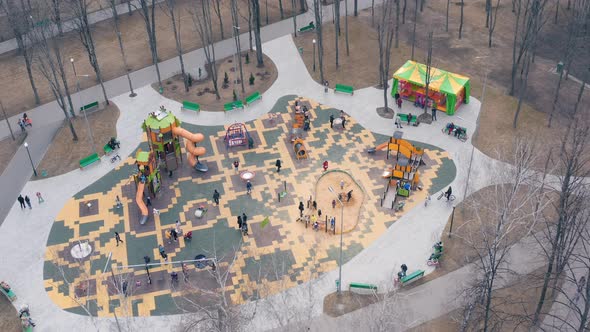 Children's Playground with Swings and Carousels After Quarantine in Kharkiv  Aerial View