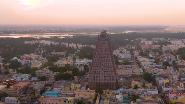 South India "Gopuram" at Srirangam Trichi, India, 4k aerial 