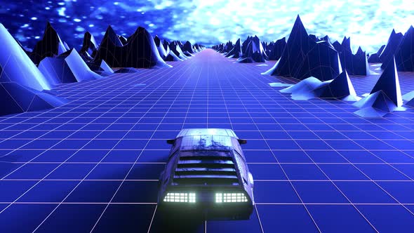 Retro synthwave night city car