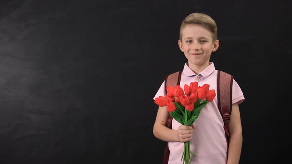 Boy Holding Tulips Standing Near Chalkboard, Congratulating Teacher, First Love