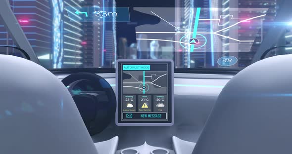 Video game simulation screen showing car cockpit driving through city streets alt
