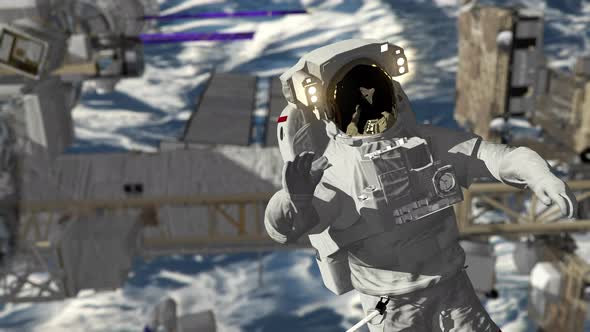 Astronaut Spacewalk, Waving His Hand in the Open Space