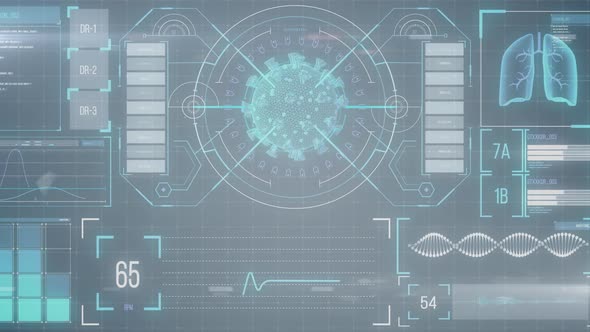 Animation of macro coronavirus Covid-19 cell analyzed on a screen with medical information alt