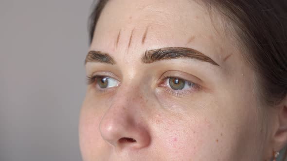 Closeup of Female Eyebrows Gloved Hands Apply Paint on Them with a Brush and Correct the Shape with