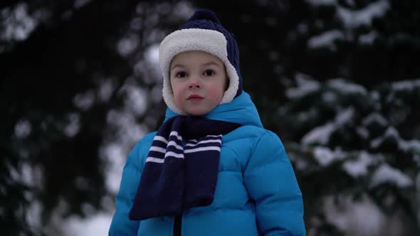 Cute Four Years Old Boy Portrait on Winter Forest