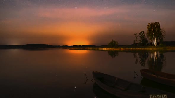 Real Colorful Sunset Sky And Night Stars Above Lake