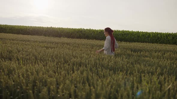 Side View of a Pretty Girl That Walks on a Wheat and Take Photos