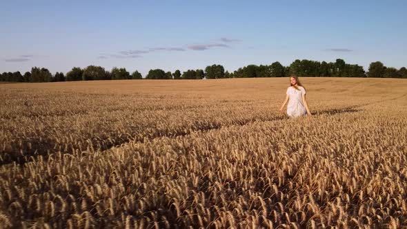 Young happy girl walking in the field of ripe golden wheat during the sunset