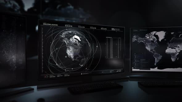 Tracking Computer Interface Connects To Satellite To Analyze Air Base Runway alt