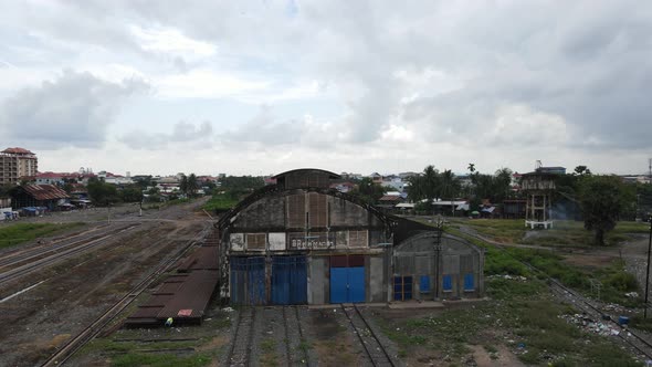 Aerial view of an old train station in disuse, Battambang, Cambodia.